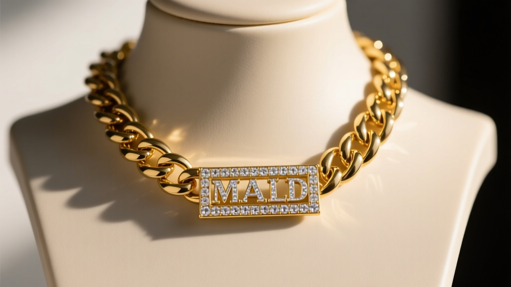 Close-up of a thick 14k yellow gold Cuban link chain with a large diamond-cut nameplate pendant resting on a mannequin bust
