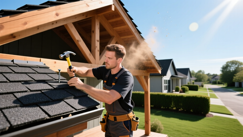 Carpenter nailing architectural asphalt shingles on a newly framed wooden shed-style deck roof attached to a suburban home