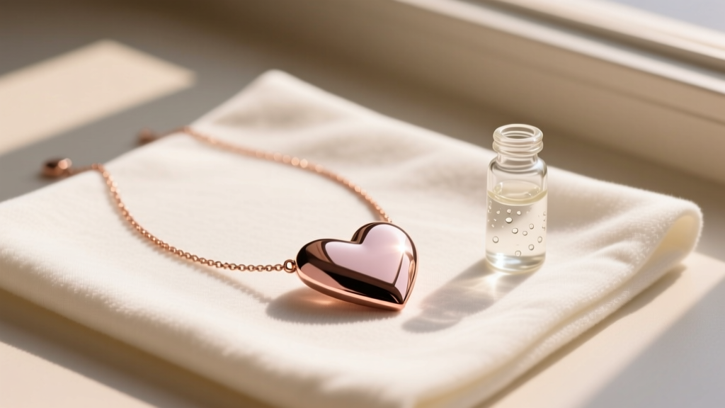 Magnetic heart necklace laid flat beside a microfiber cloth and gentle cleaning solution, illuminated by soft morning sunlight.