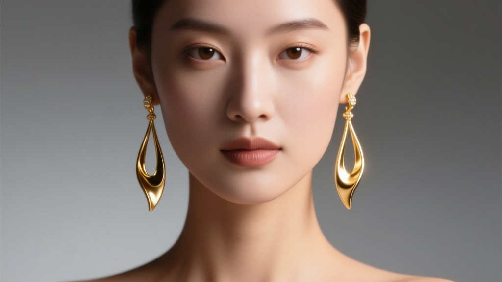 Close-up of a model wearing elongated 18k gold droopy earrings grazing the collarbone under soft, directional studio lighting