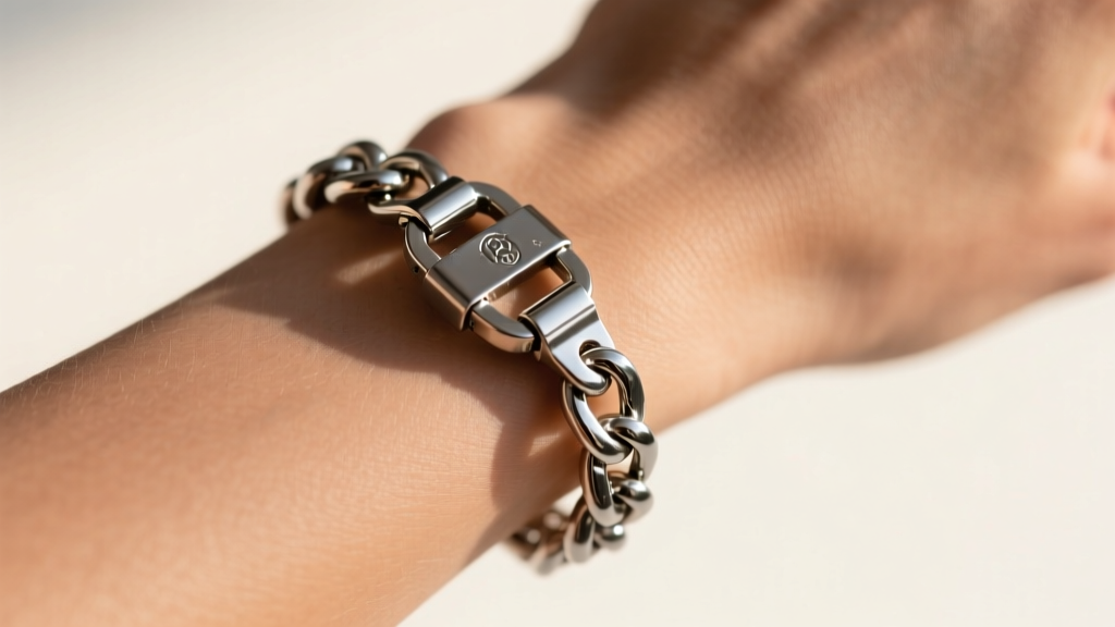 Close-up of an 18-gauge stainless steel box chain clasp on a women