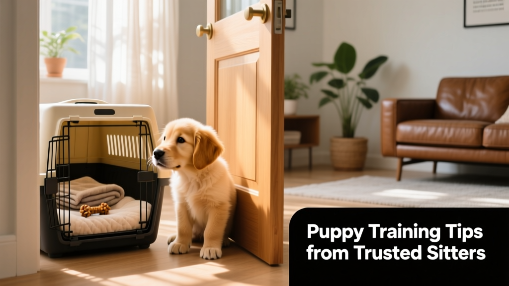 A puppy curiously sniffing the open door of a cozy, well-appointed crate