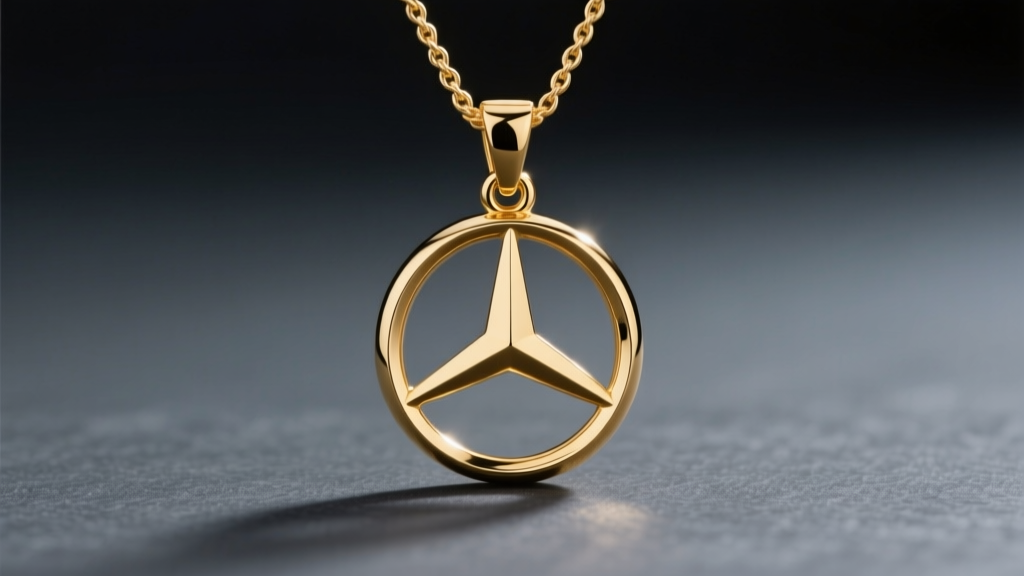 Macro shot of 18k gold plated Mercedes Benz pendant on a delicate rope chain against dark slate highlighting bright metallic luster