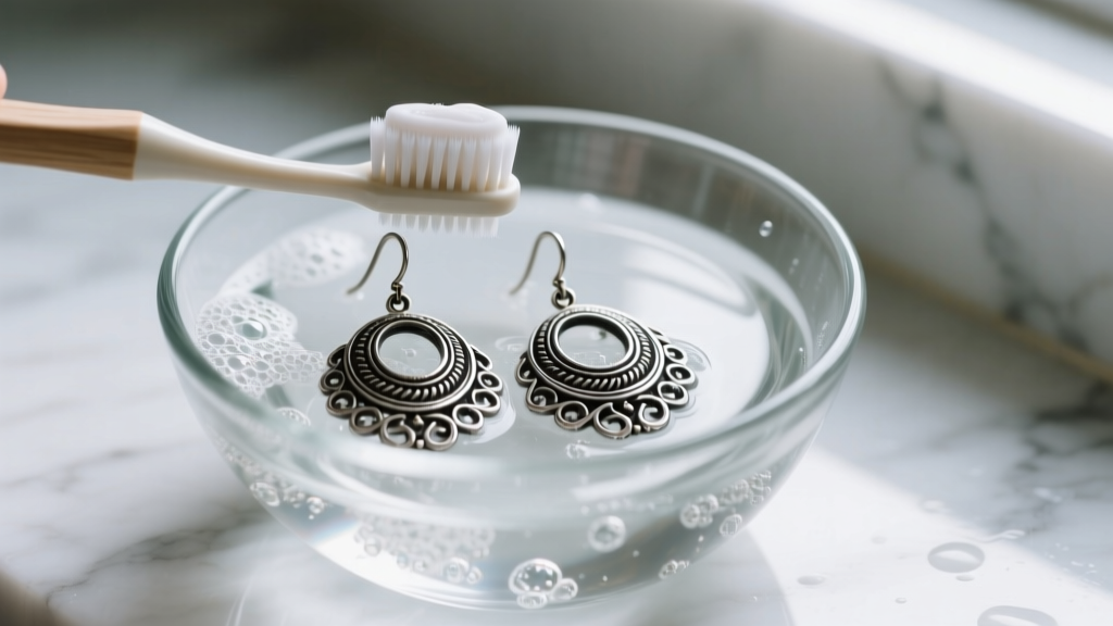 Soft toothbrush cleaning intricate oxidized silver arracadas earrings in a glass bowl of soapy water on a white marble countertop