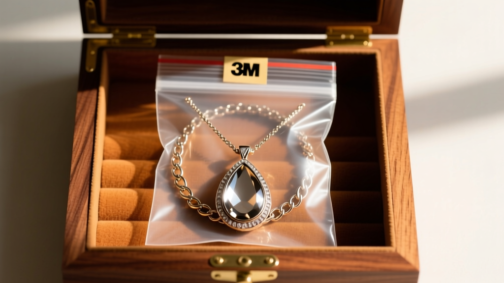 Brighton teardrop necklace coiled inside an airtight anti-tarnish bag with a 3M strip, resting in a lined cedar wood jewelry box