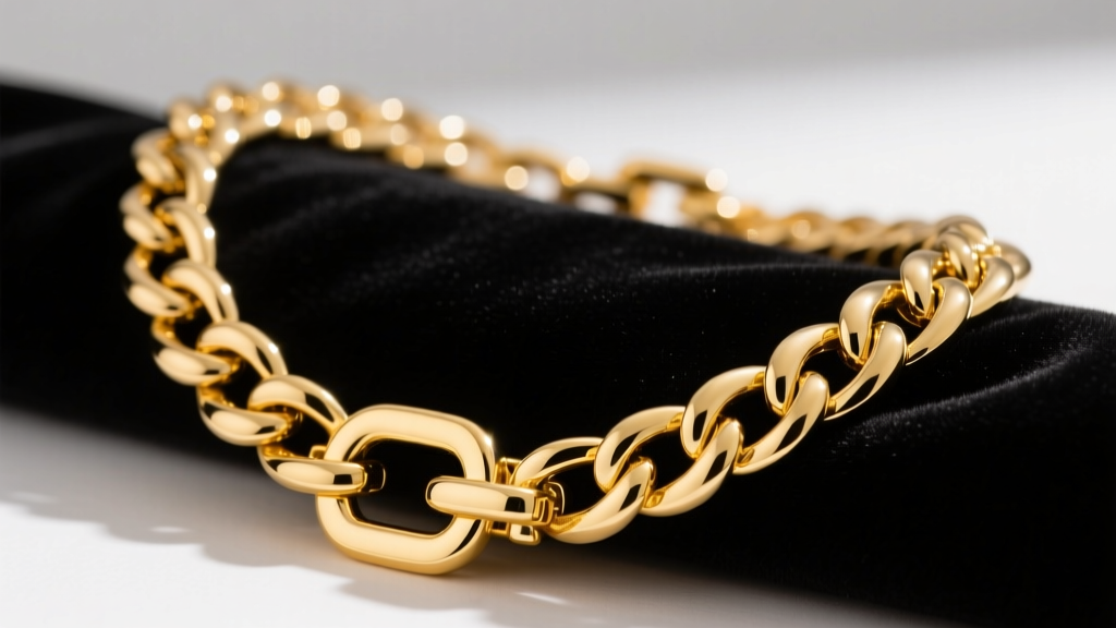 Macro shot of a heavy 18k yellow gold statement necklace on dark velvet, focusing on a thick Cuban chain and clasp.