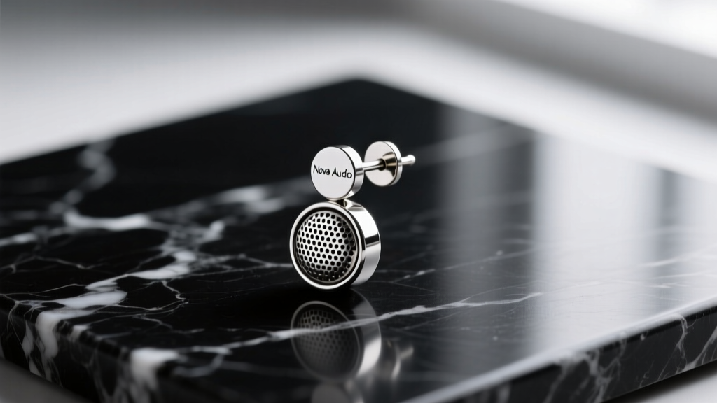Macro shot of a nova audio earring on dark marble, highlighting the titanium post and tiny integrated directional speaker mesh.
