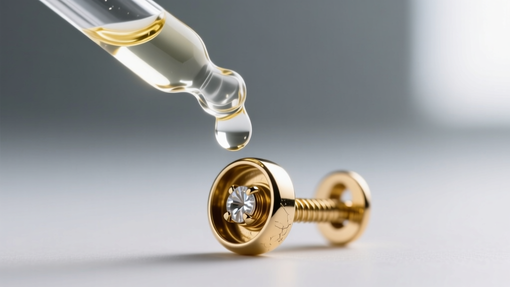 Glass dropper applying one drop of mineral oil to a stuck 14k white gold screw-back earring mechanism to resolve metal galling.