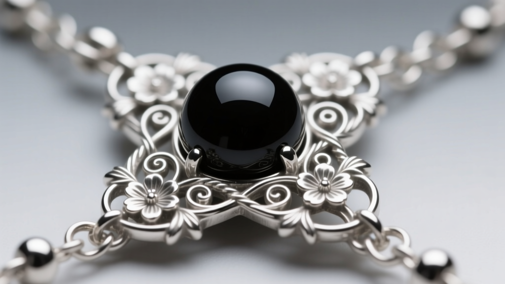 Macro shot of a 925 sterling silver rosary centerpiece featuring a matte black onyx bead and intricate floral filigree design work