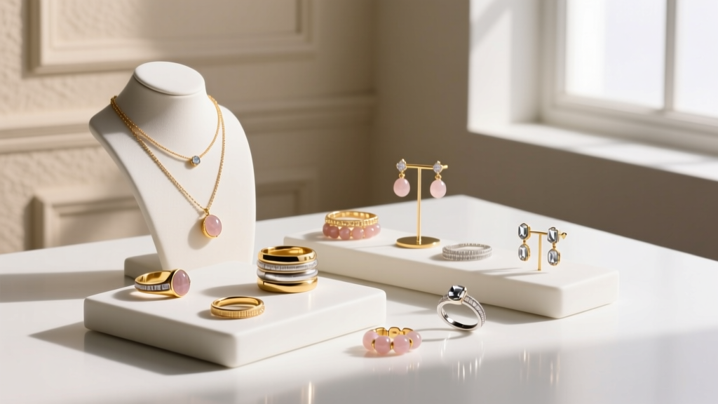 Jewelry organizer displaying various Claire's Hello Kitty hoops and dangles, alongside a microfiber cloth and anti-tarnish strips.