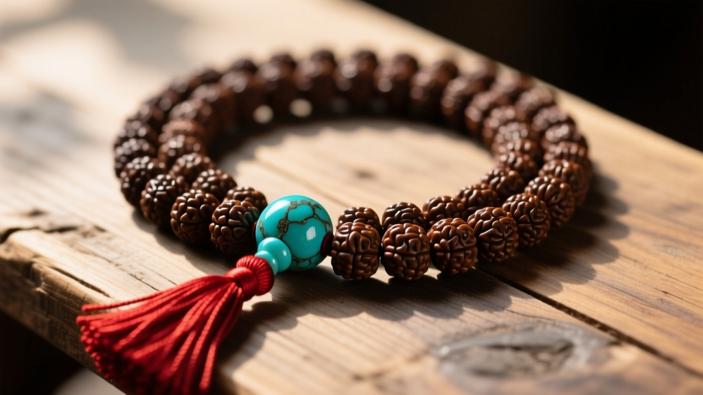 Close-up of a 108-bead Rudraksha monk bead necklace with red silk tassel and turquoise guru bead on a rustic wooden table.