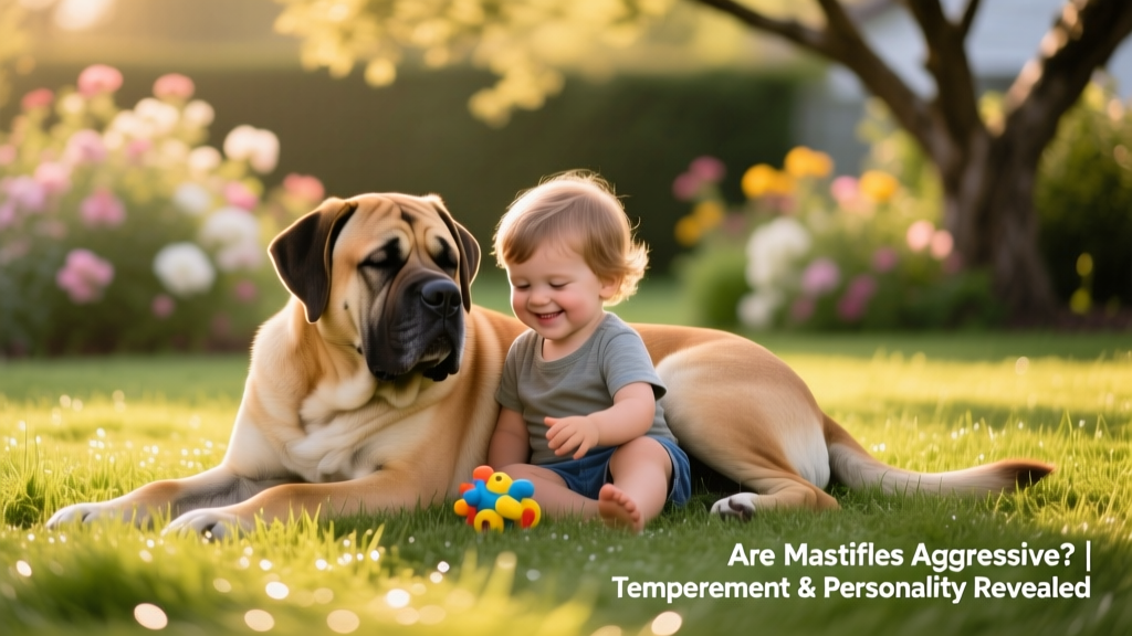 A calm, relaxed Mastiff lying beside a child on a grassy lawn, showcasing its gentle nature