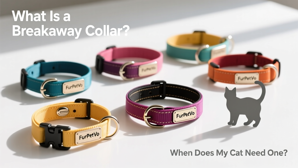 Assortment of FurPetVo breakaway collars laid out on a clean white surface—showcasing colors, reflective details, and engraved name tags