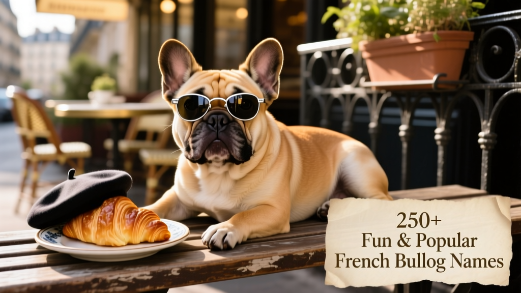 A French Bulldog wearing tiny sunglasses, resting beside a miniature beret and a croissant prop