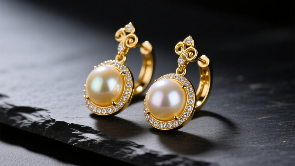 Close-up of 18k yellow gold pearl earrings drop design resting on dark slate surface with soft directional studio lighting setup
