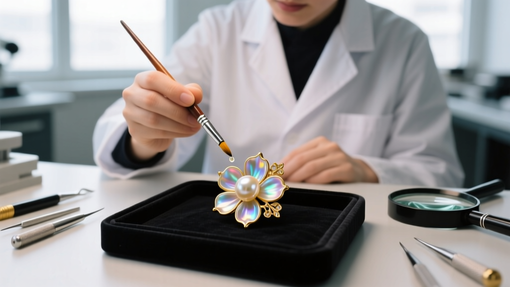 A jeweler using a fine sable brush to apply conservation-grade adhesive to a damaged hand-painted resin floral pearl stud earring
