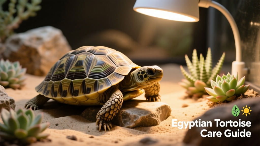 Egyptian Tortoise basking under a UVB lamp in a naturalistic enclosure with sand, rocks, and low-growing succulents