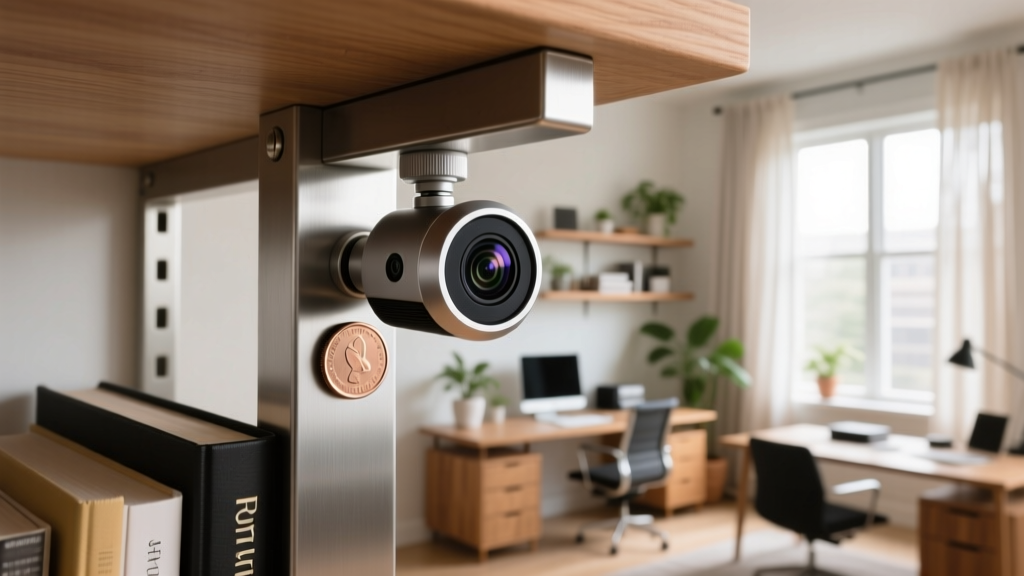 Close-up of a tiny magnetic mini spy camera attached to a metallic bookshelf bracket, capturing a wide-angle view of a home office.