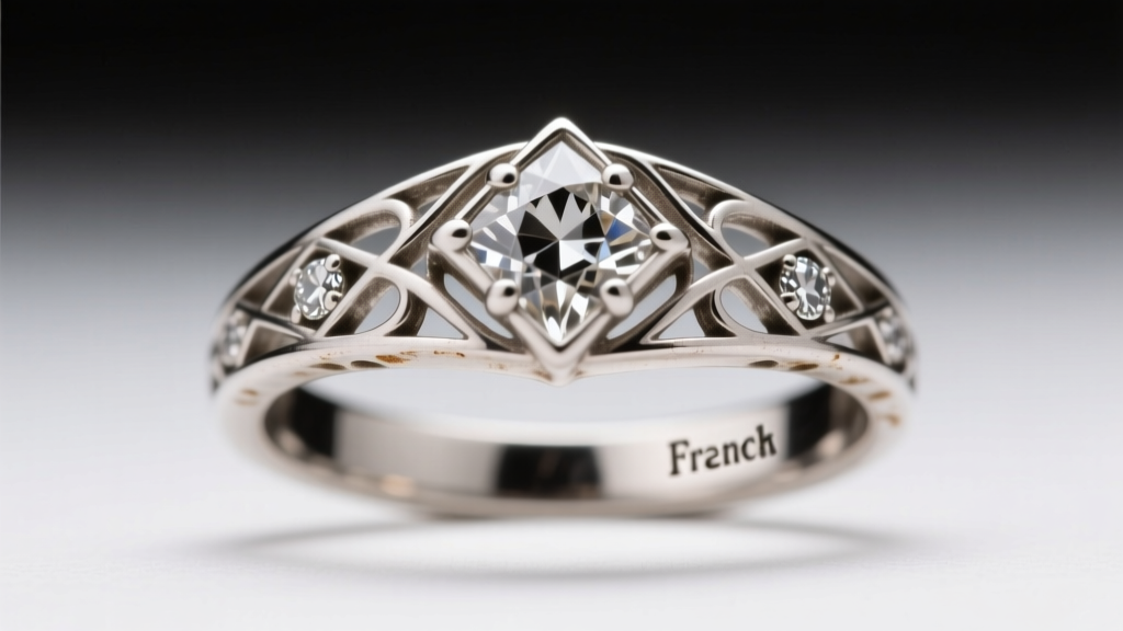 Extreme close-up of a faded French platinum hallmark stamped inside the shank of a vintage 1920s geometric diamond filigree ring