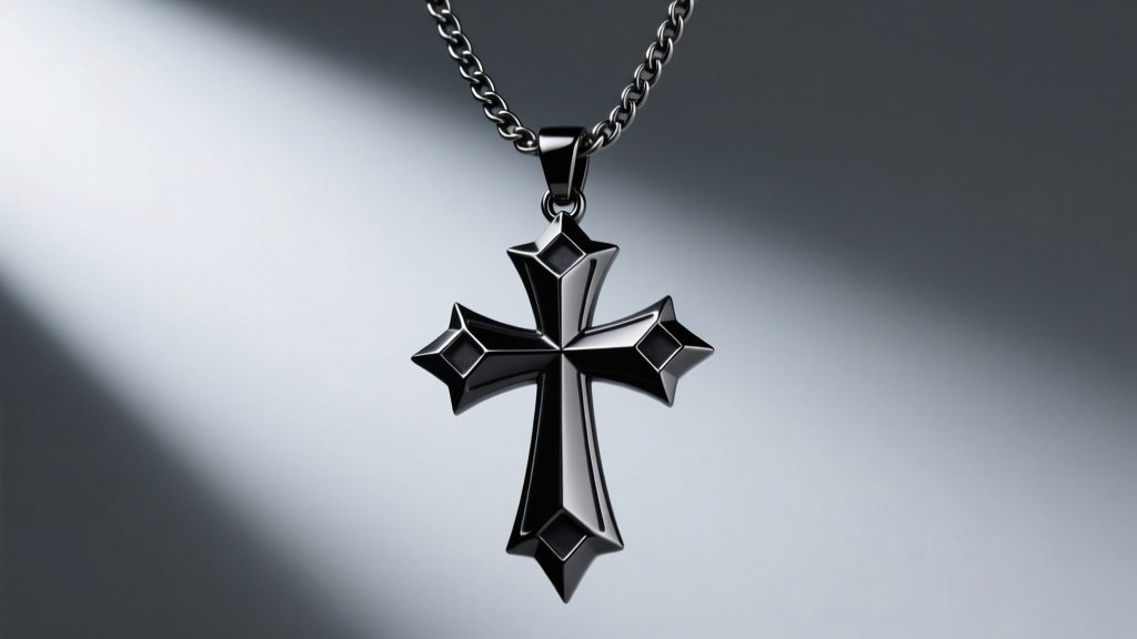 Black PVD steel goth cross pendant with sharp edges on a 4mm curb chain, lit by moody directional lighting from the left side