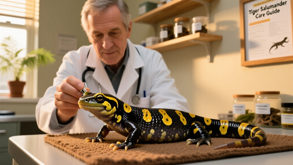 Veterinarian gently examining a tiger salamander under soft lighting during a routine checkup
