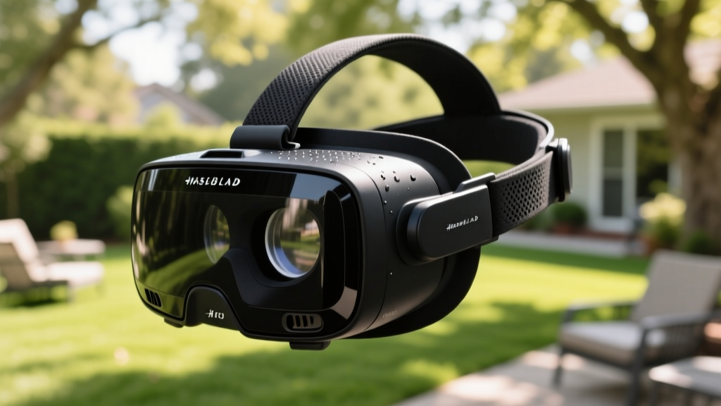 Close-up of a rugged VR headset with sweat-resistant silicone facial interface and IP54 dust-resistant vents being used in a bright backyard.