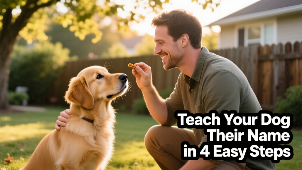 Dog making eye contact with owner during name training session