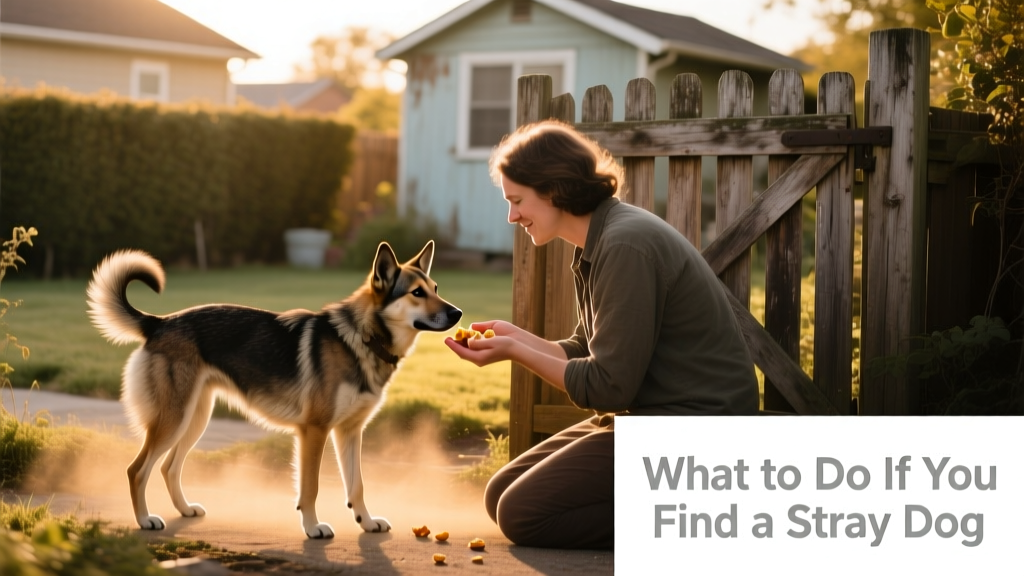A person calmly offering small pieces of food to a cautious stray dog near a backyard gate