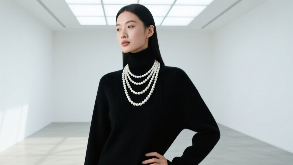 Model wearing a 5 strand freshwater pearl necklace over a black cashmere turtleneck sweater in a bright modern studio setting.