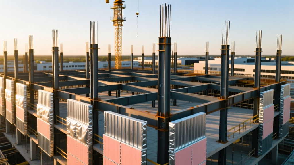 Aerial view of commercial construction site with exposed structural steel framing and stacked insulated metal panels.