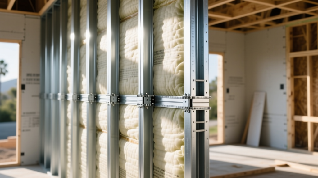 Galvanized cold-formed steel studs featuring seismic strap bracing and rigid insulation on a Southern California residential construction site