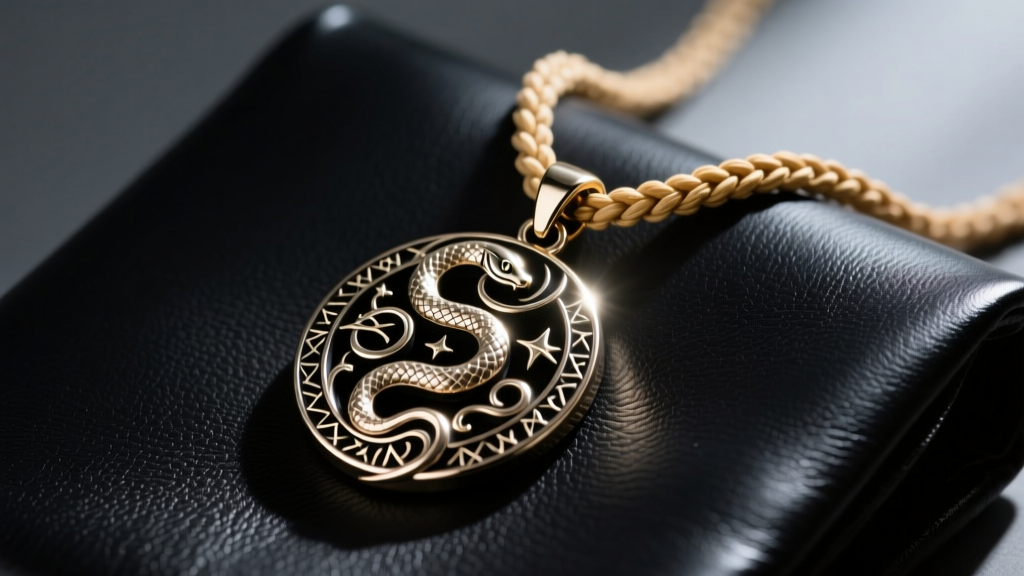 Metallic effigy pendant necklace on dark leather, cinematic lighting highlighting carved fantasy details and a thick wheat chain