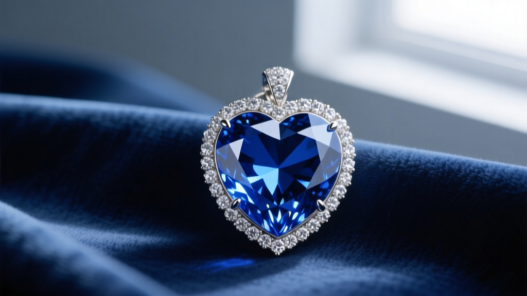Cinematic close-up of a large heart-shaped blue sapphire pendant surrounded by a diamond halo resting on dark blue velvet fabric