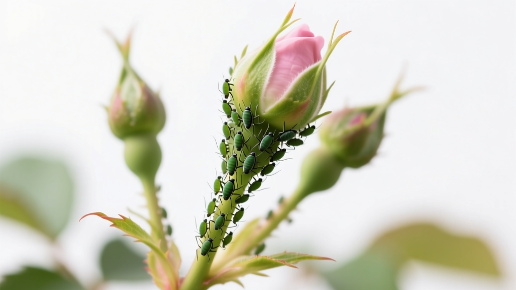 Close-up photograph of green and pink rose aphids clustered densely on a new rose bush stem near developing flower buds