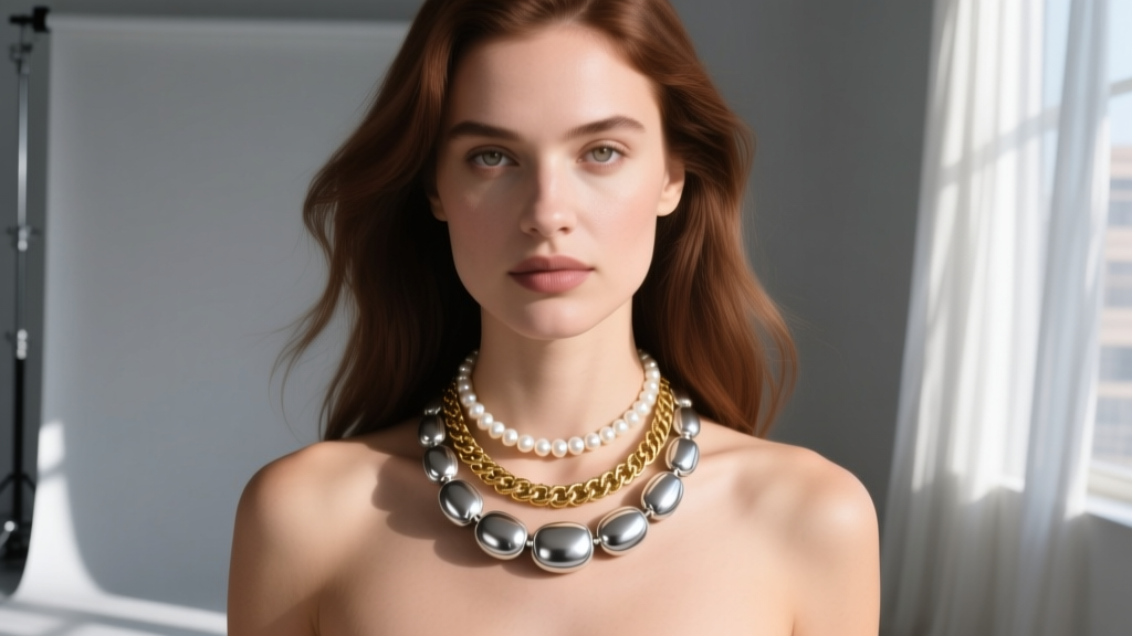 Woman wearing a layered stack featuring a heavy silver bf necklace, a delicate pearl choker, and a mid-length pendant chain.