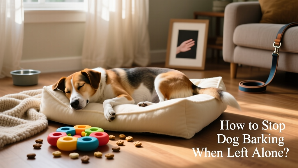 A dog relaxing peacefully in a quiet room with a puzzle toy and soft bedding, showing no signs of distress