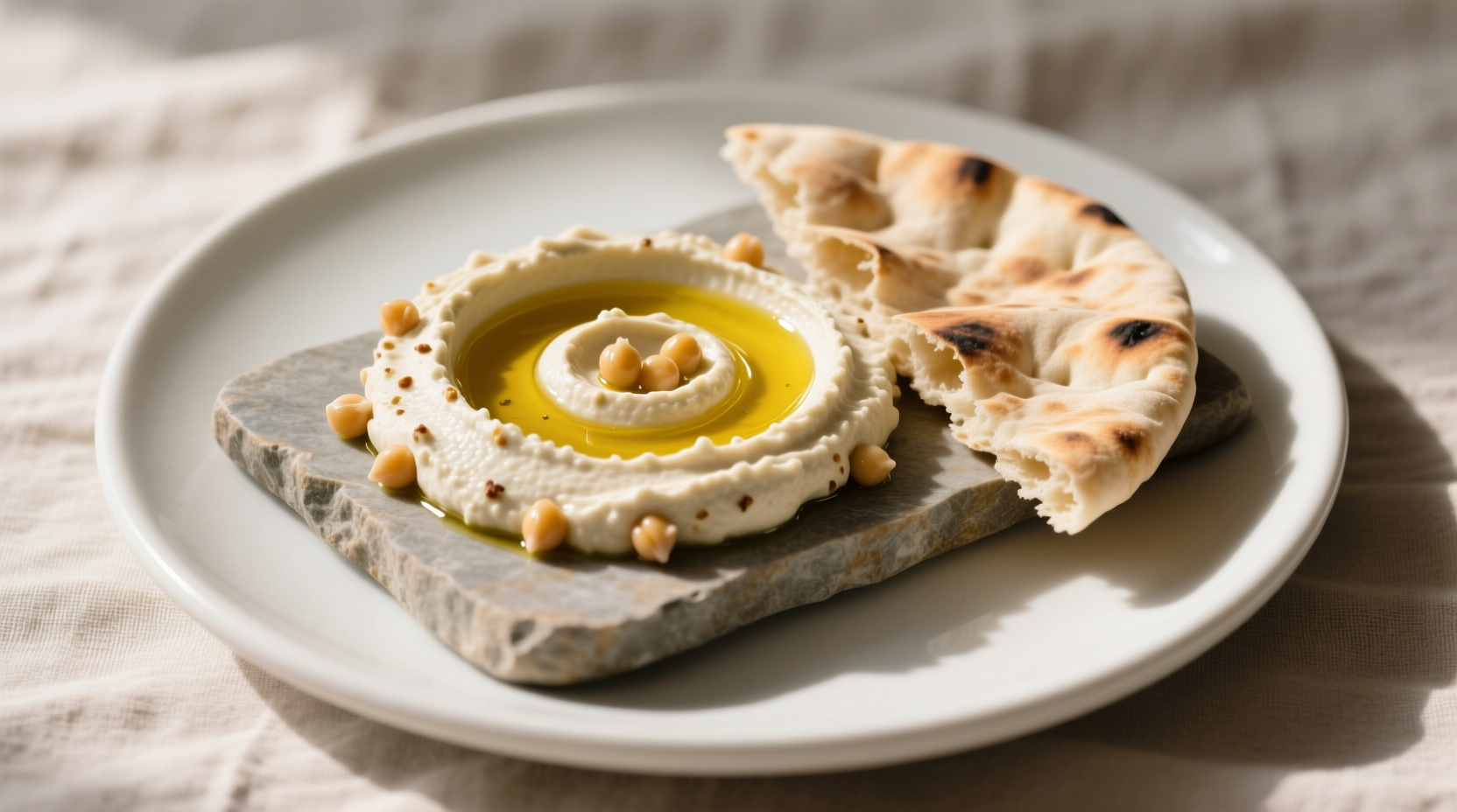 Creamy hummus with olive oil drizzle and pita bread