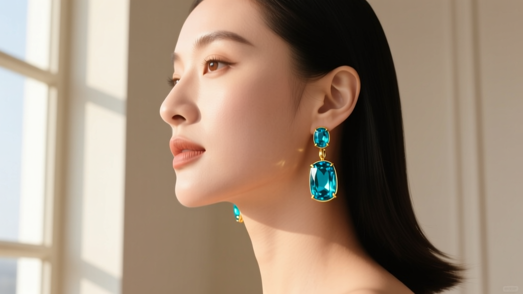 Side profile of a woman wearing mid-length turquoise and gold drop earrings, showing how the blue stones flatter warm skin tones