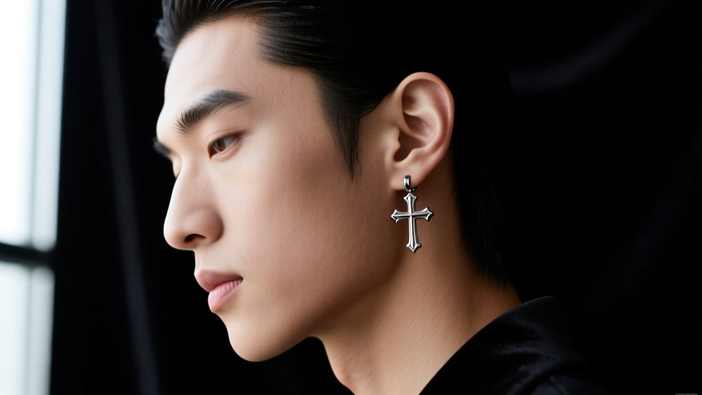 Side profile of a person wearing a small 20-gauge titanium inverted cross lobe earring against a dark, moody background.