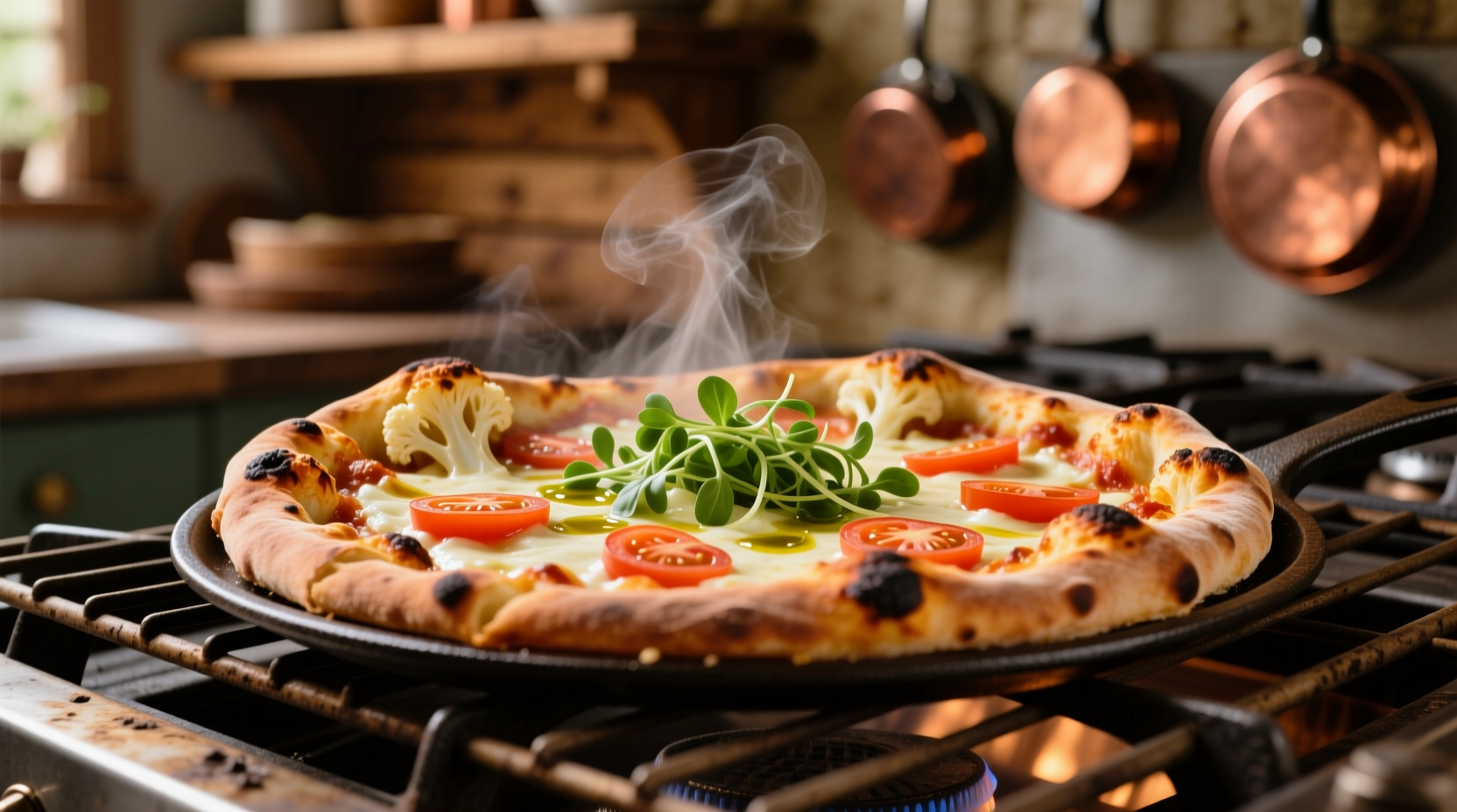 Perfectly cooked cauliflower pizza on oven rack