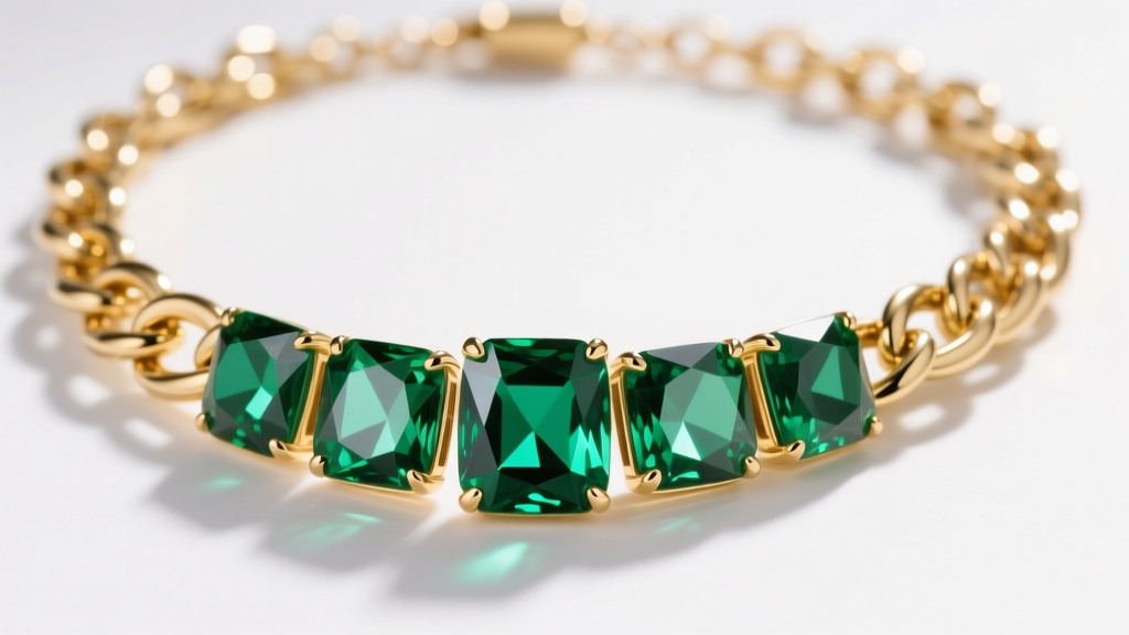 Macro shot of a Kenneth Jay Lane for Avon gold-tone link necklace with large faceted emerald-green glass stones and AVON hallmark