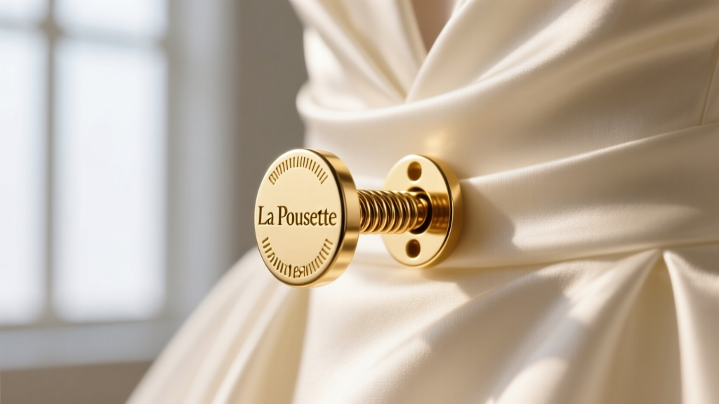 Close-up of La Pousette spring-loaded earring backing on an 18-gauge gold post against a blurred silk wedding dress background