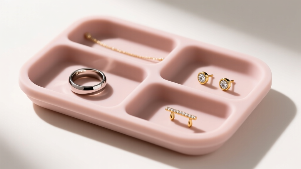 Top-down view of a minimalist silicone sports jewelry tray with compartments holding a titanium ring and small gold stud earrings.