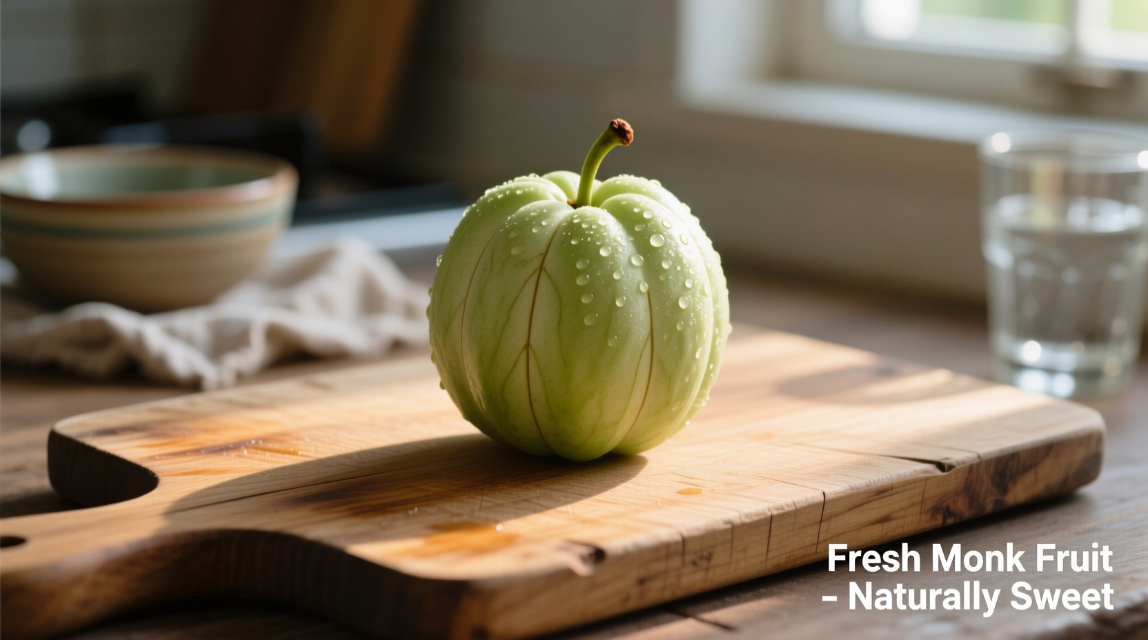 Fresh monk fruit on wooden cutting board
