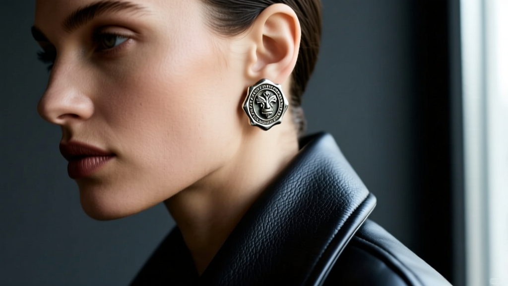 Ear wearing an Alexander McQueen antique silver seal crest huggie earring against a dark leather jacket collar in soft shadow