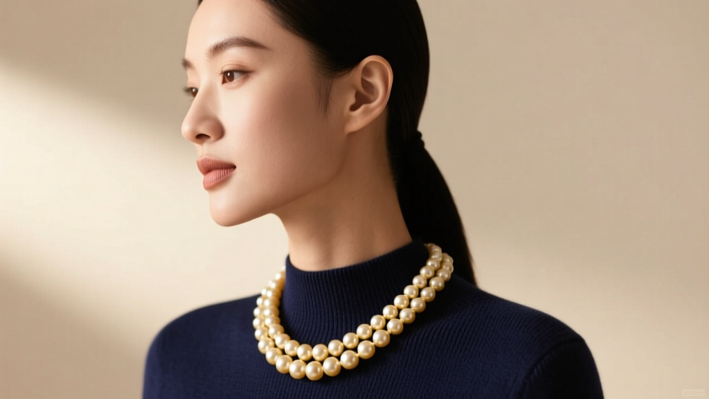 Model wearing a 24-inch gold pearl necklace over a navy boatneck cashmere sweater, side profile against a neutral beige background