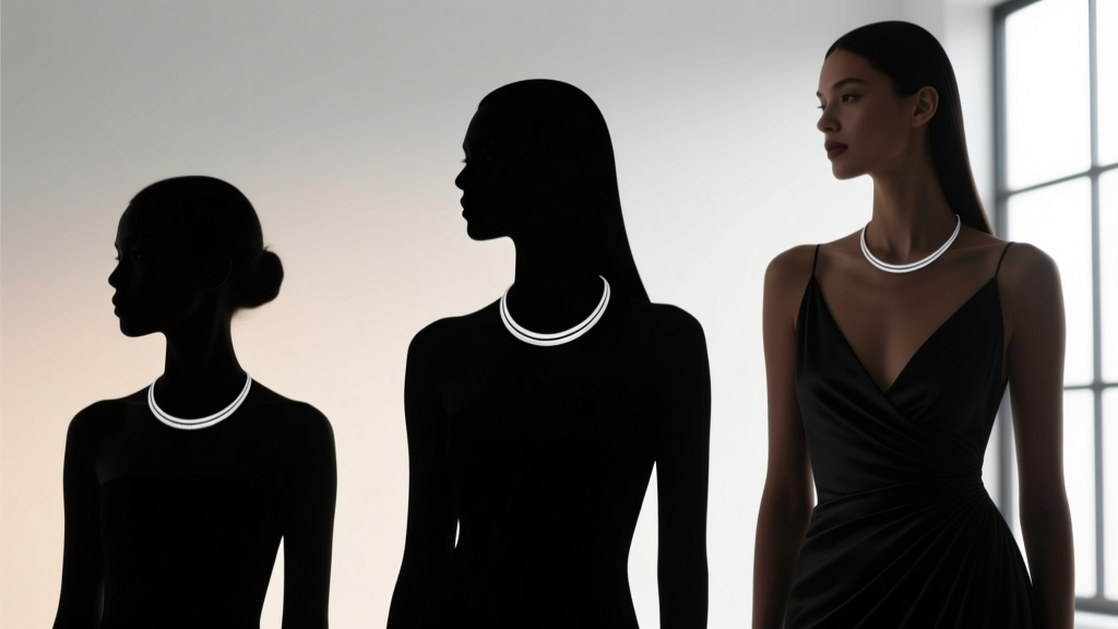 Three diverse female silhouettes illustrating where a 20-inch silver necklace falls on petite, average, and tall body heights