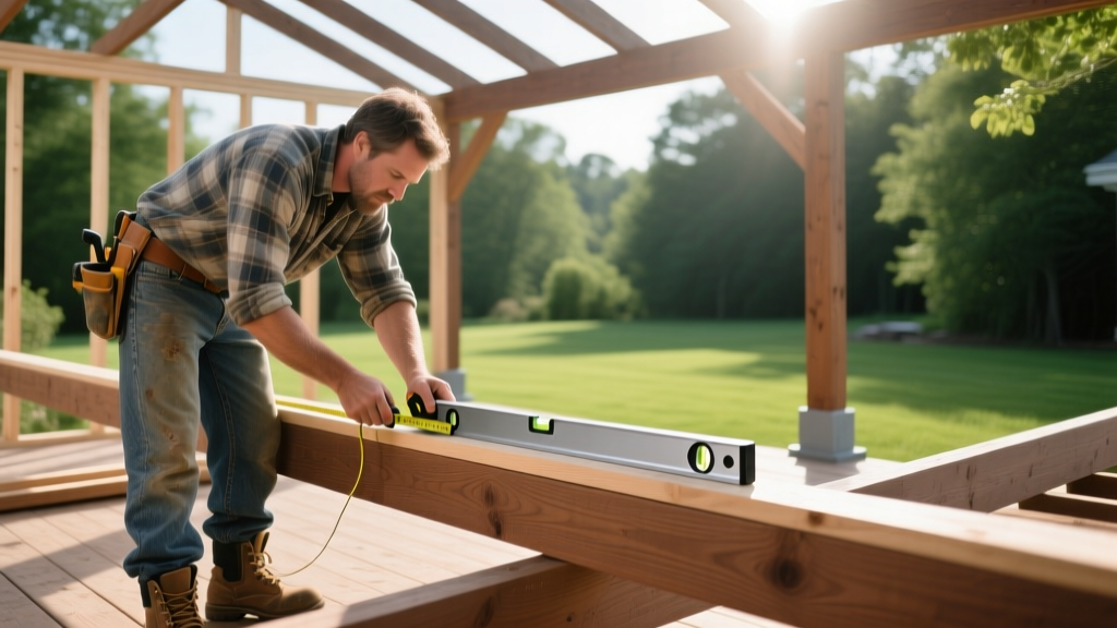 Professional carpenter measuring pressure-treated lumber joists on a partially framed backyard deck with a level and tape measure