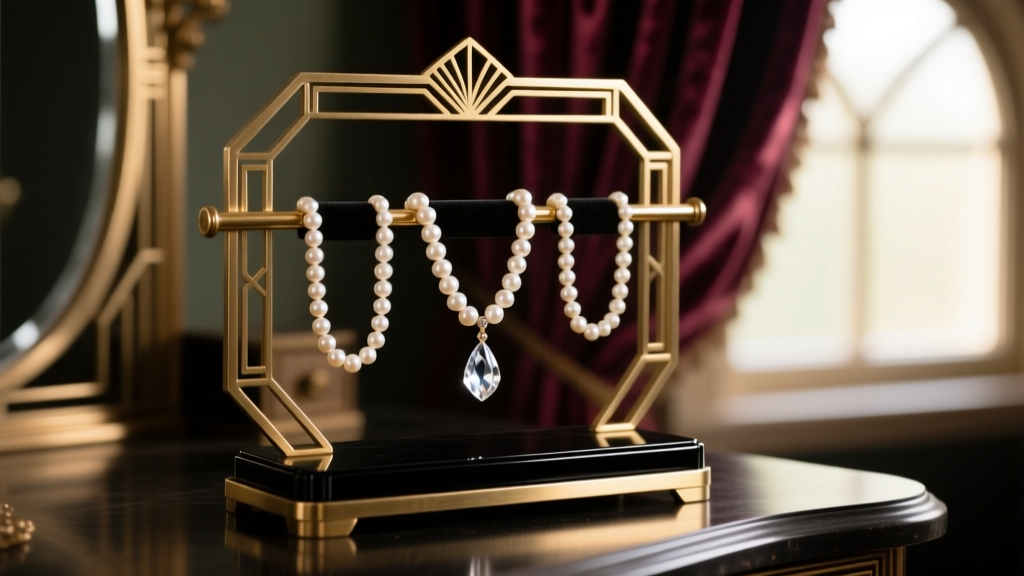 Elegant 1920s Art Deco antique jewelry stand in polished brass and black bakelite, displaying vintage pearls on a dimly lit vanity