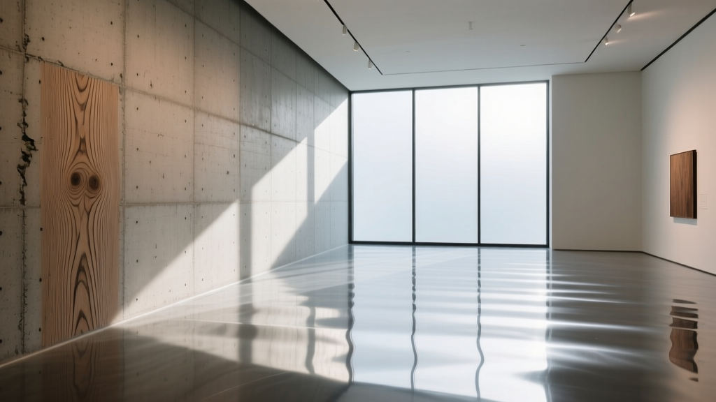 Split interior showing raw board-formed concrete wall beside a glossy metallic epoxy abstract floor in a modern gallery space
